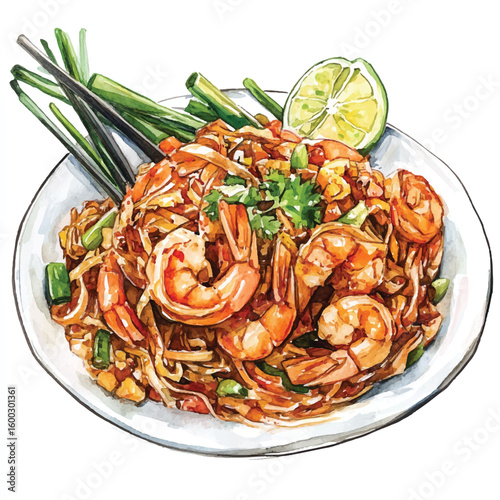 Watercolor Illustration of Pad Thai with Shrimp Lime and Fresh Herbs