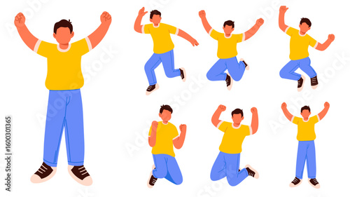 Flat vector set of enthusiastic men jumping with victorious gestures and energetic body language. Ideal for themes of success, motivation, happiness, celebration, and achievement.