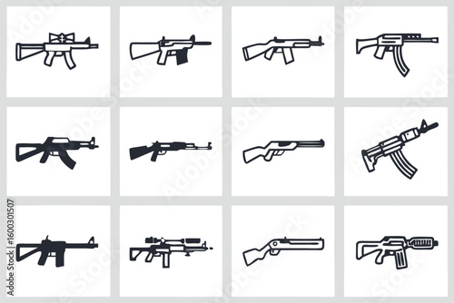 Grid of black line art weapon icons rifle shotgun