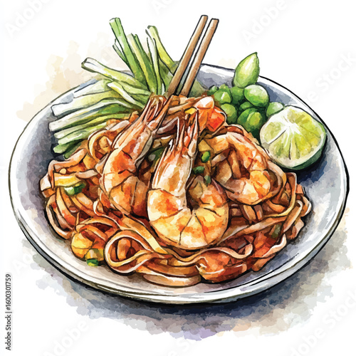 Watercolor Illustration of Pad Thai with Shrimp Lime and Green Onions