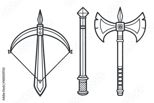 Medieval weapon set crossbow axe and mace medieval weapons
