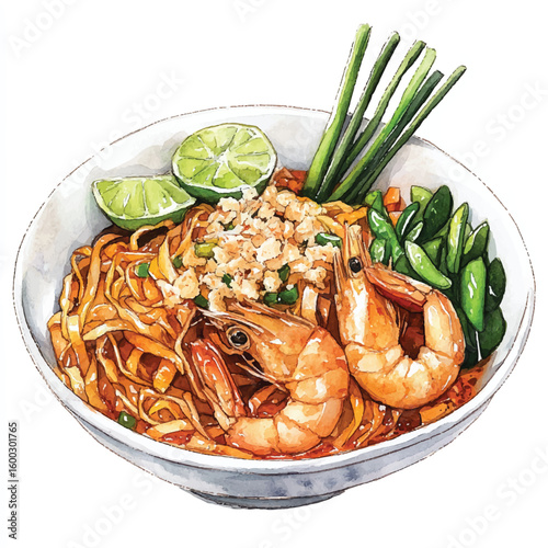 Watercolor Illustration of Pad Thai with Shrimp Lime and Fresh Vegetables