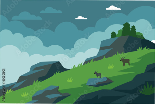 a rocky hillside with patches of green moss and g