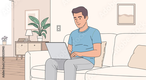 Man works on laptop while sitting on couch in living room. Home office, remote work, digital lifestyle, telecommuting, freelance