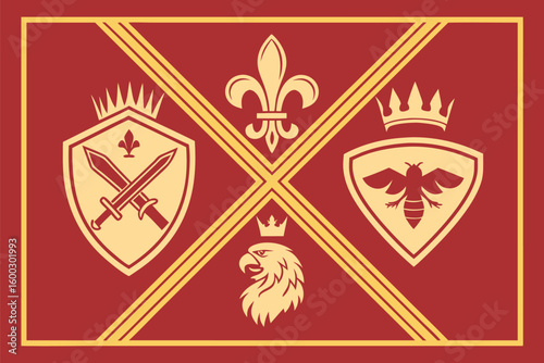 Red and gold heraldic symbols with swords and crowns