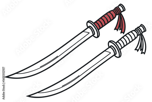 Two curved dao swords with red and white handles katana