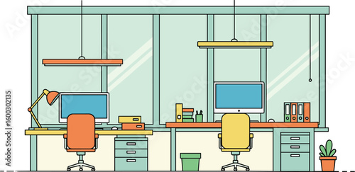 Open office space features two workstations. Modern workplace, coworking environment, business interior design