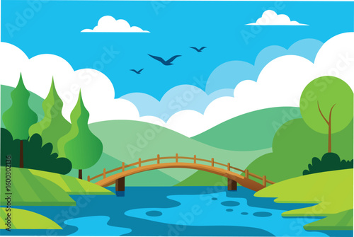 a riverside landscape with lush greenery  wild bi