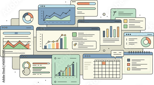 Dashboard displays various charts and data visualizations. Data analytics, business intelligence, information technology