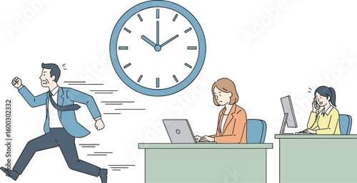 Man rushes past busy colleagues in the office to not be late. Time management, deadline pressure, corporate culture, productivity, work life balance, late