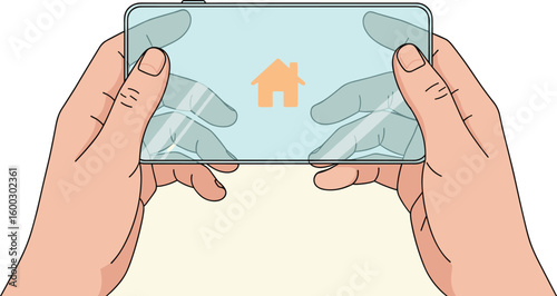 Hands hold device displaying home icon. Modern tech, real estate, search and connection concept.