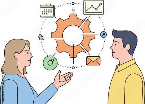 People discuss business processes and workflow. Meeting, communication, collaboration, and planning for effective operations.