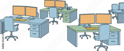 Open office area has rows of desks with computers. Modern workspace, interior, business, corporate.