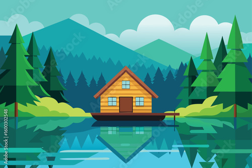 a peaceful lakeside cabin surrounded by a dense g