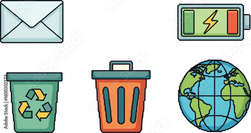 Pixelated icons show symbols for various apps and concepts. E-mail, battery, recycle, trash, and earth designs in retro pixel art.