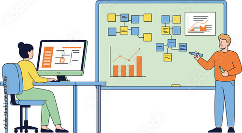 People analyze diagrams on screen and whiteboard. Business strategy, collaboration, teamwork, project management