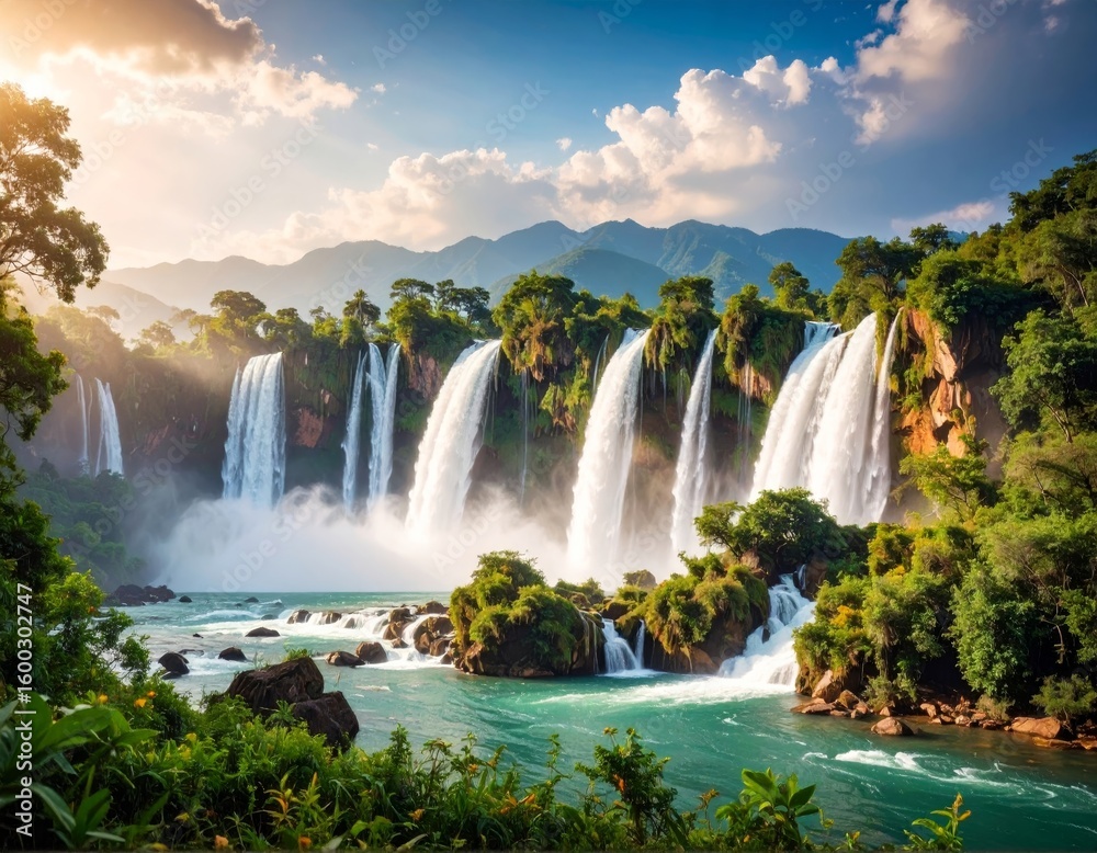 Naklejka premium Discover the stunning natural beauty of waterfalls cascading through lush green forests and rocky landscapes, from tranquil streams to the majestic falls of Plitvice and Krka National Parks in Croatia