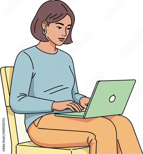 Woman works on laptop while sitting on chair. Female employee, freelance work, remote worker, online education, working at home.