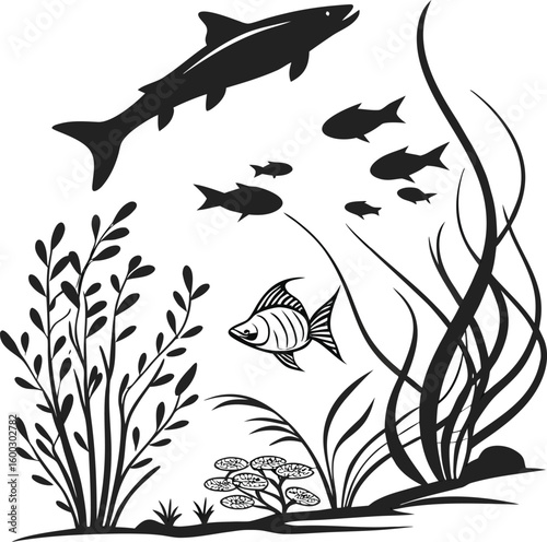 Underwater Marine Life Silhouette Fish Seaweed And Aquatic Plants Vector Art
