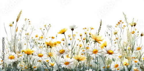 Watercolor meadow with yellow and white wildflowers, grasses, and daisies on a transparent background.