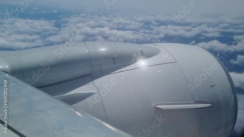 Aerial View of Airplane Engine in Flight Above Clouds Travel and Aviation Concept