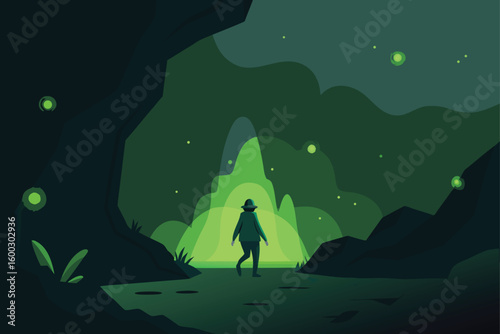 a mysterious traveler walking across glowing moss