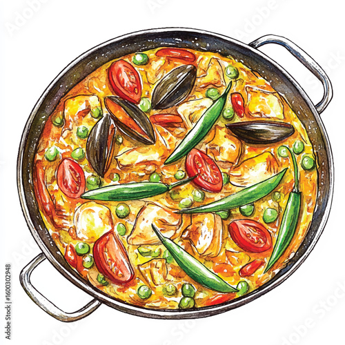 Watercolor Illustration of Paella with Mussels Tomatoes and Green Peppers