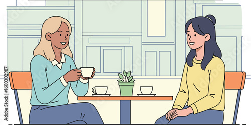 Two women chat over coffee at a cafe. Friends enjoy a conversation, catching up, and sharing time together.