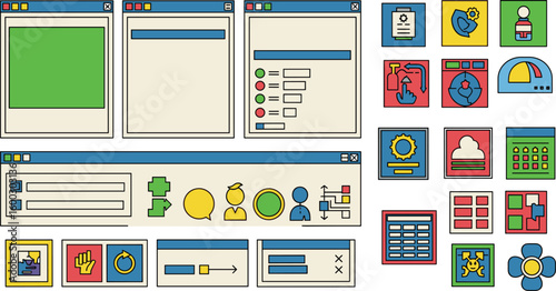 Variety of design tools and application windows displayed in interface. Software development, app design, user interface, computer graphics, icon set, creative, technology.