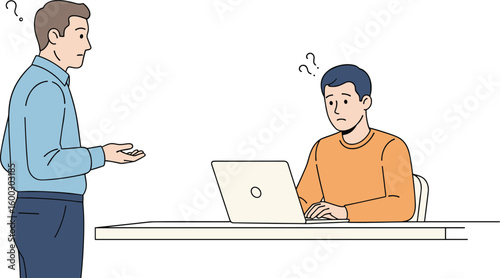 Man questions confused coworker at his desk. Business, workplace, communication, problem solving, office.