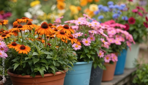 Wallpaper Mural Orange coneflower blooms in terracotta pot with surrounding pink daisies blue, green pots. Vibrant flowers create cheerful garden scene with green plants. Spring sunlight illuminates nature, plants. Torontodigital.ca