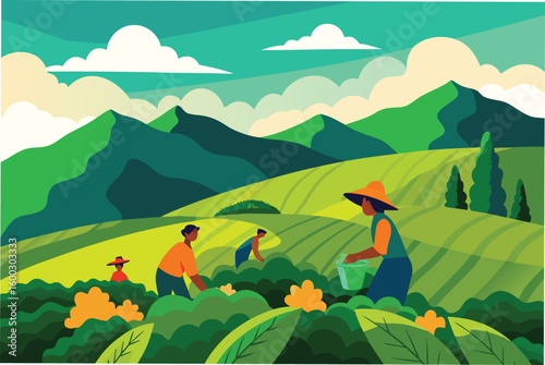 a lush green tea garden on a hillside with worker