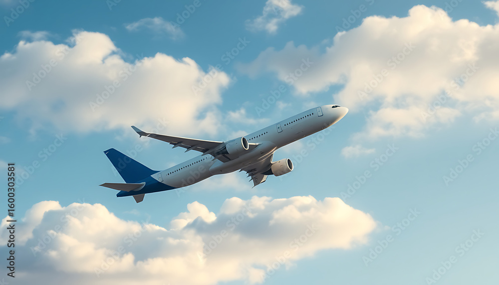 Fototapeta premium A realistic 3D rendered image of a commercial airplane flying at high altitude through a partly cloudy sky 