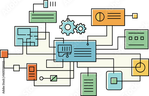 Connected elements create a complex workflow. Abstract diagram, system integration, data flow, process management, business automation.