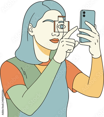 Woman using facial recognition on mobile phone. Technology security, privacy, identity verification, biometric data.