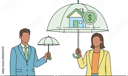 Man and woman hold umbrellas, one protecting a house and money. Insurance, protection, finance, investment, security, shelter, homeownership.