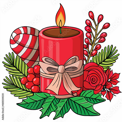 Christmas Red Candle With Pine Holly Berries Candy Cane Decoration