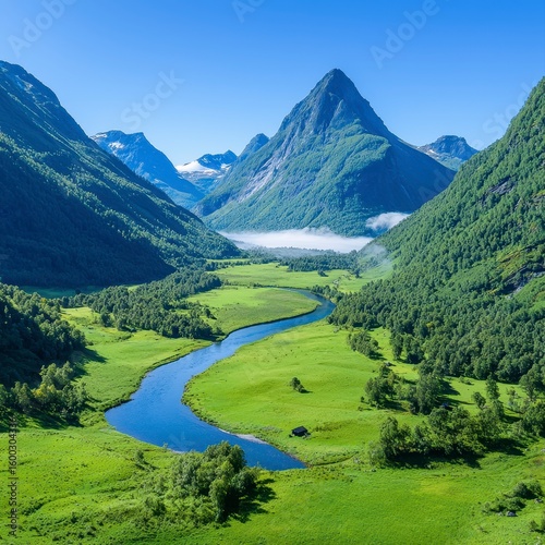 Serene morning mist gently blankets a lush green valley led between majestic snow-capped mountains, creating a breathtaking panoramic view of pristine nature.