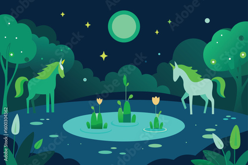 a glowing green glade with unicorns drinking from