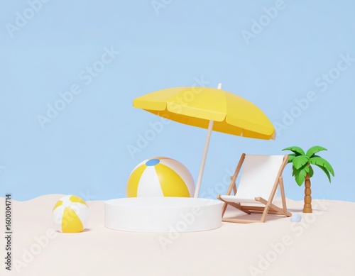 Beach chair and umbrella on a tropical beach with the sea, sand, and sun for a relaxing summer vacation