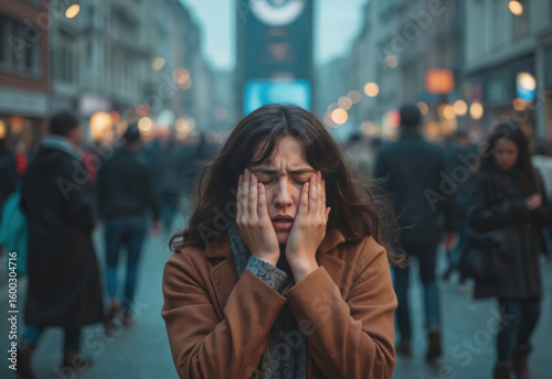 Woman experiencing panic attack in a busy city street. She holds her head in her hands, eyes closed, showing distress and isolation amidst a crowd of blurred figures. Mental health concept.