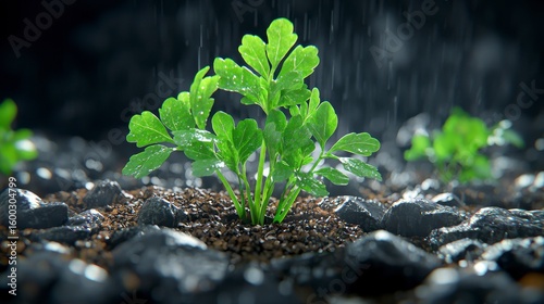 Lush green plants thrive amidst dark grey stones du a refreshing rainfall, showcasing vibrant new growth and healthy mulching around the bushes in a high-quality realistic