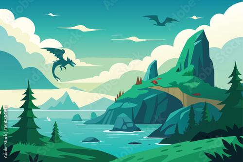 a fantasy coast at the edge of a green forest wit