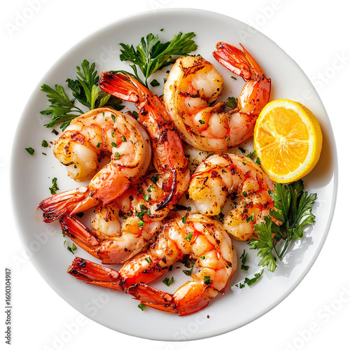 Grilled shrimps on white plate with herbs and lemon isolated on transparent background