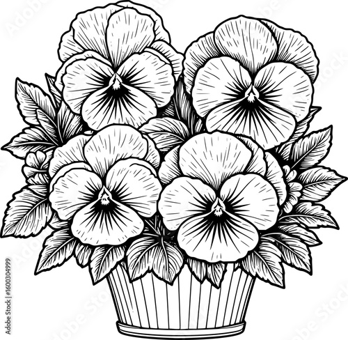Vector engraved illustration of pansy flowers with leaves, flower pot line art design