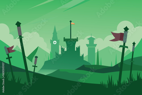 a fantasy battlefield covered in green grass  wit