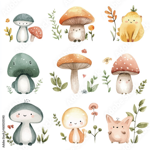 Watercolor Illustration of Smiling Fungi and Creatures with Botanical Accents