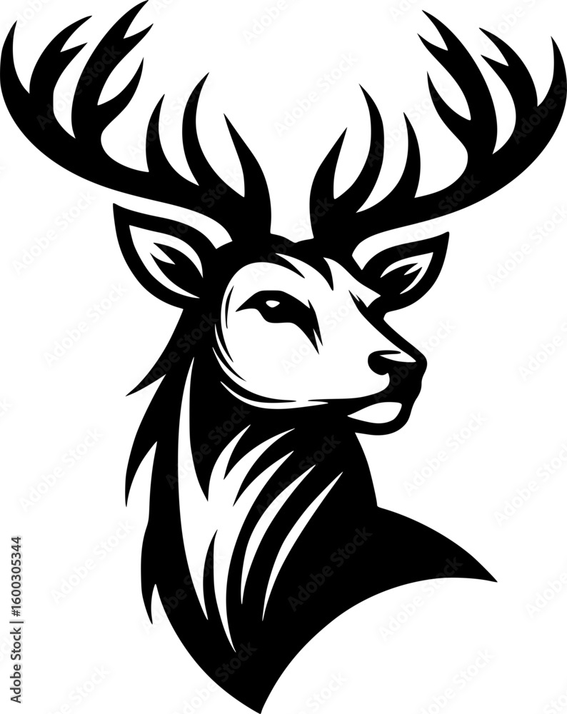 Obraz premium majestic deer head dark black silhouette portrait profile, vector 
