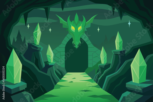 a dragon s lair deep in a mossy green canyon  wit