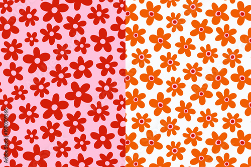 Playful seamless retro flower pattern with red and orange blooms on pink and white backgrounds. Bright and cheerful 70s inspired floral design for textile, wrapping paper, or children s products.